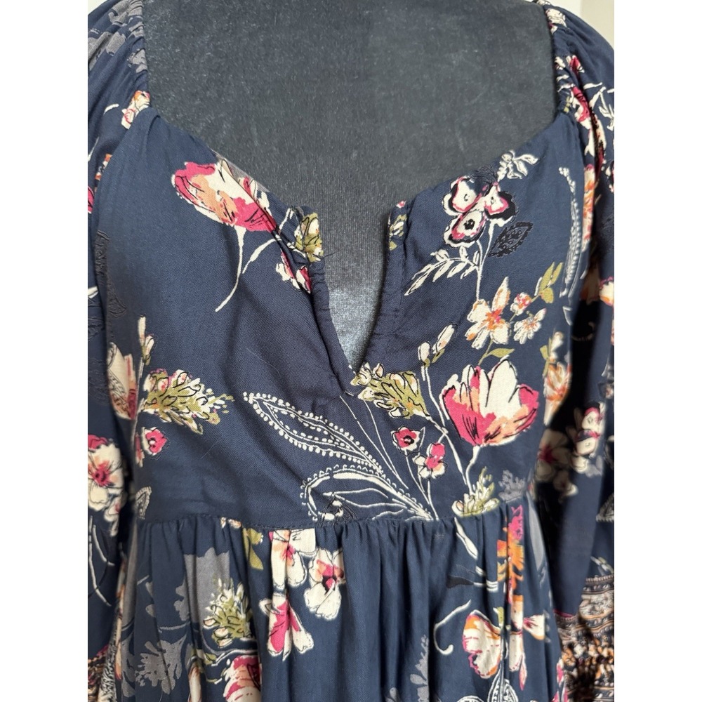 Boho Floral Babydoll Mini Dress L Navy Cottagecore Spring Festival Fairy - Picture 13 of 16